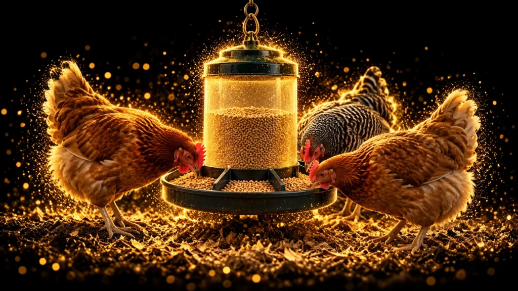 Illustration of three healthy adult hens eating realistic pellets from a round poultry feeder, with gold particles against black.