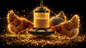 Illustration of three healthy adult hens eating realistic pellets from a round poultry feeder, with gold particles against black.