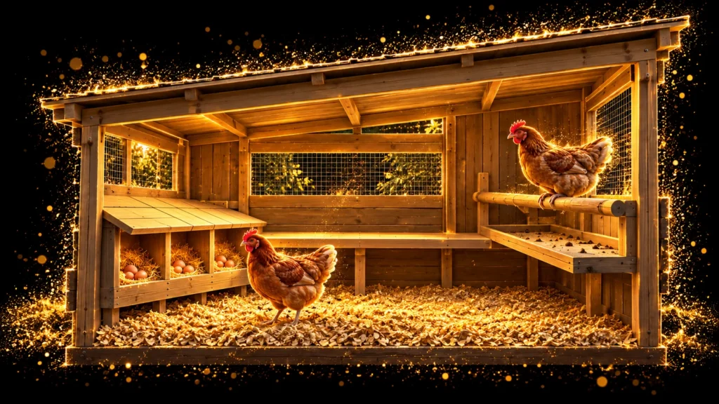 Gold-particle cutaway illustration of a wooden coop with sloped nest covers, higher roosts, an access platform and a cleanable droppings board.