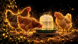 Illustration of three adult hens beside a gravity poultry waterer on a low stable platform, with gold particle light against black.
