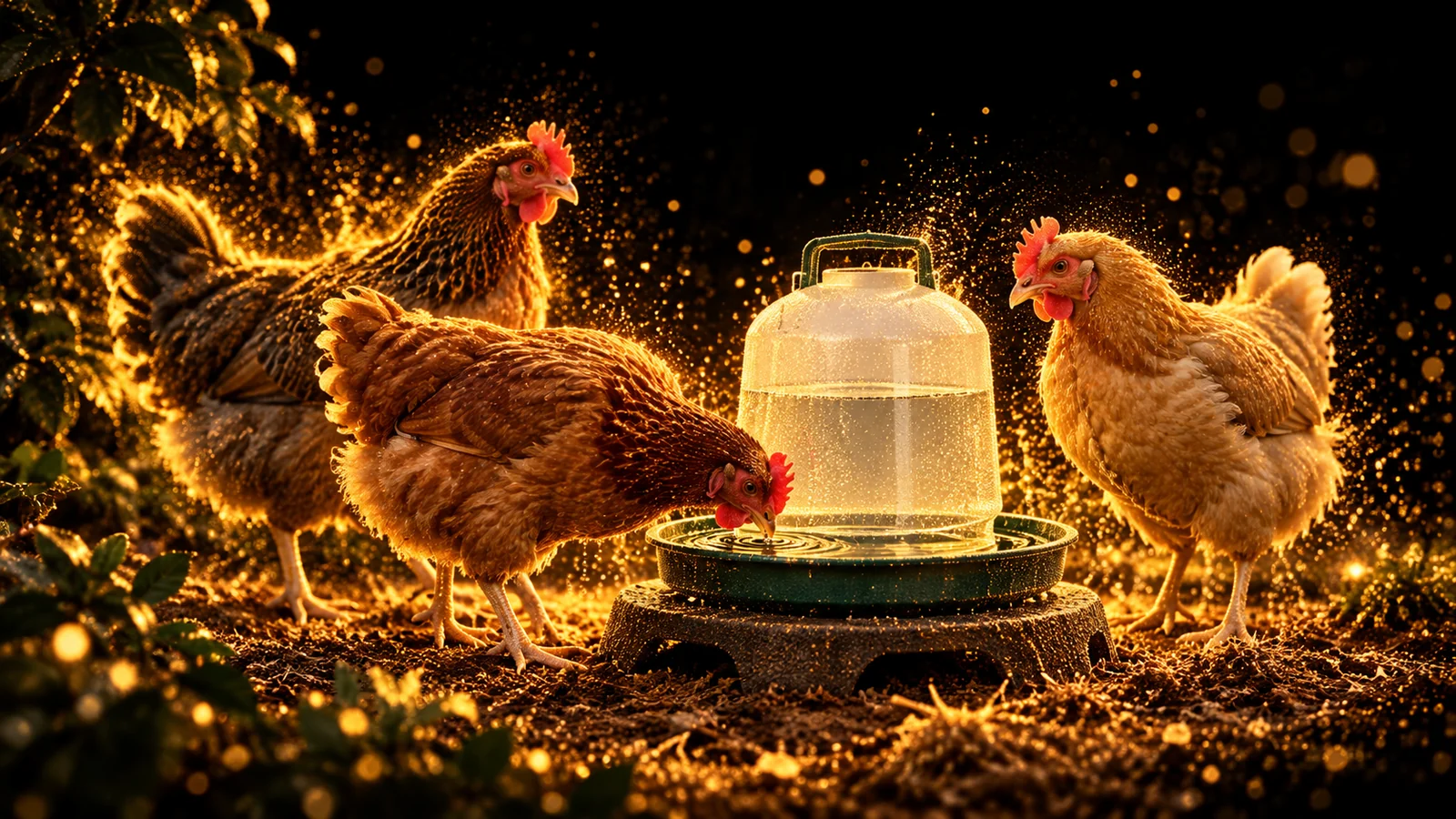 Illustration of three adult hens beside a gravity poultry waterer on a low stable platform, with gold particle light against black.