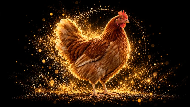 Illustration of a calm mature hen with natural plumage and warm gold particles dissolving into a deep black background.