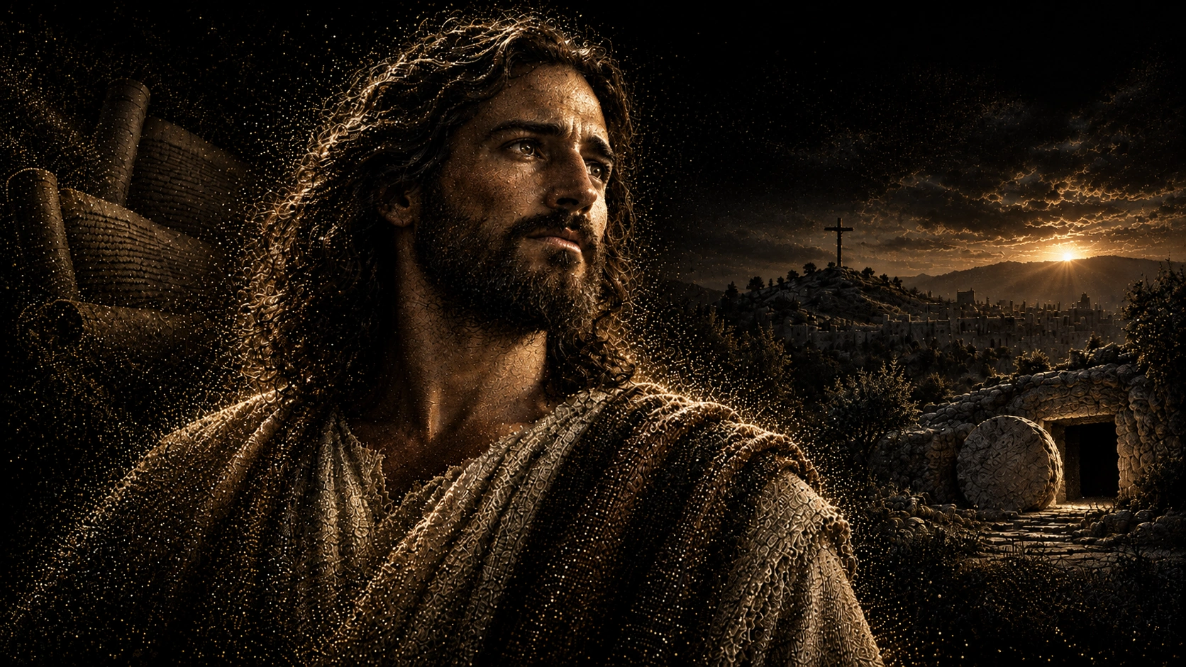 Gold-particle artistic depiction of Jesus, with a distant cross and an open rock-cut tomb at dawn.