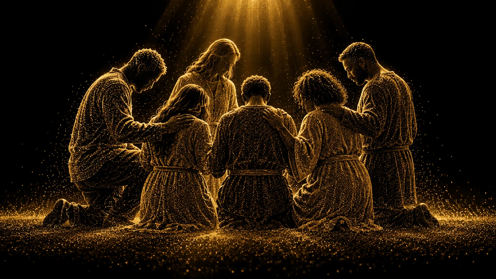 Six people kneeling together in prayer, their figures formed from gold particles against black.