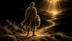 A figure holding a shield beside a path, formed from gold particles against black.