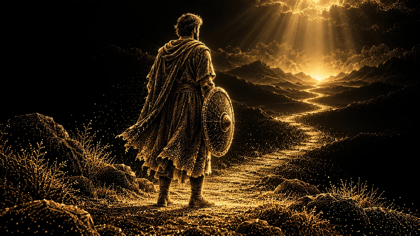 A figure holding a shield beside a path, formed from gold particles against black.