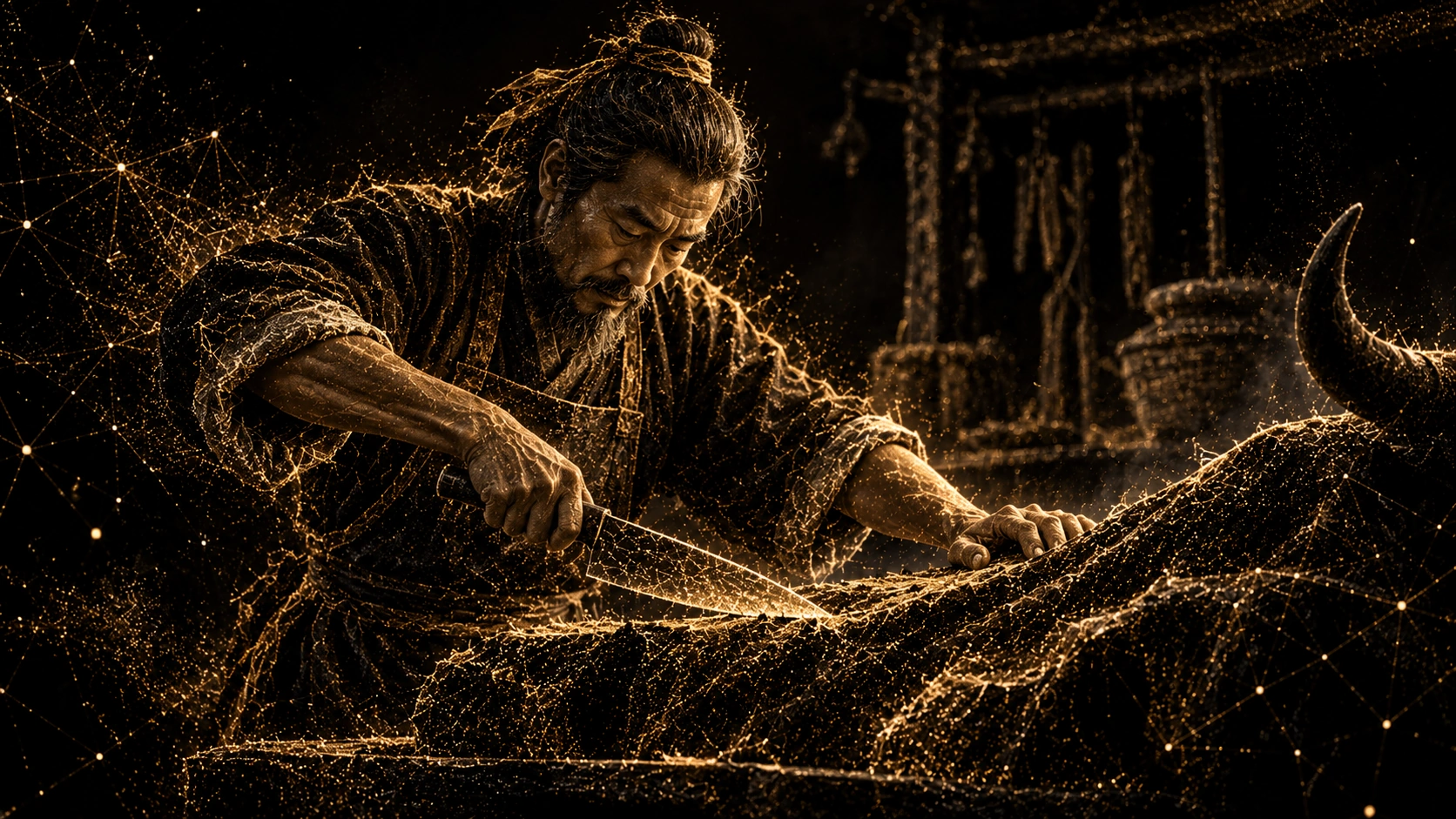 Gold-particle illustration of an ancient Chinese butcher carefully guiding a knife through an ox.