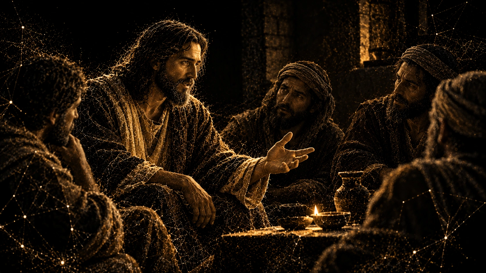 Gold-particle illustration of Jesus speaking with several attentive disciples in a dimly lit room.