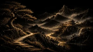 Gold-particle illustration of a winding mountain path, river valley, and Chinese-style temple.