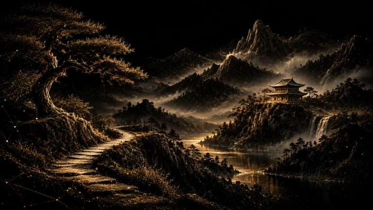 Gold-particle illustration of a winding mountain path, river valley, and Chinese-style temple.