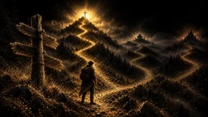 Gold-particle illustration of a traveler at three mountain paths, with one leading toward an illuminated cross.