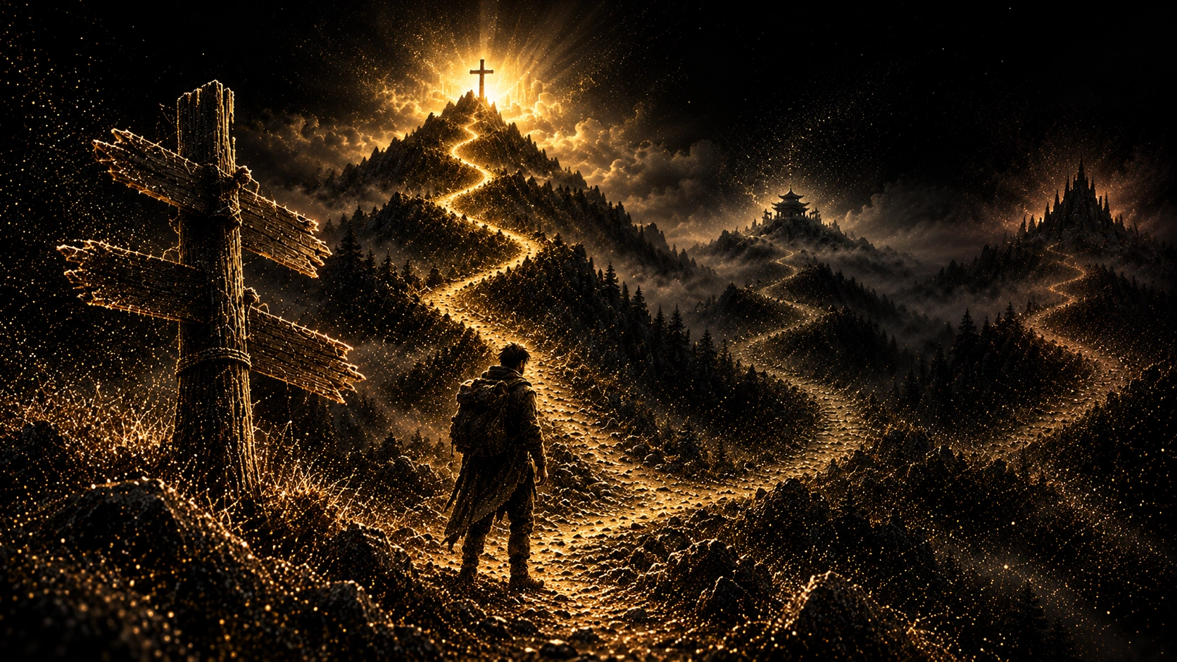 Gold-particle illustration of a traveler at three mountain paths, with one leading toward an illuminated cross.
