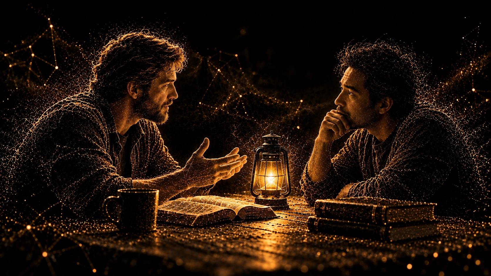 Two people discussing their beliefs across a lantern-lit table, depicted in fine gold particles against black.