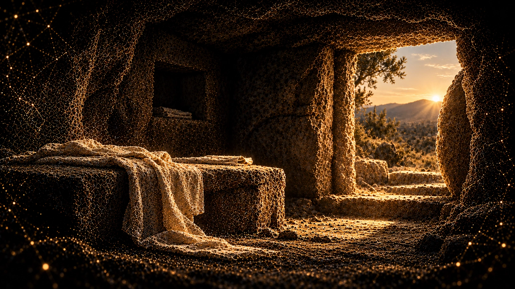 Gold-particle illustration of burial linens on a stone bench inside an empty rock-cut tomb, with sunlight entering through the doorway.